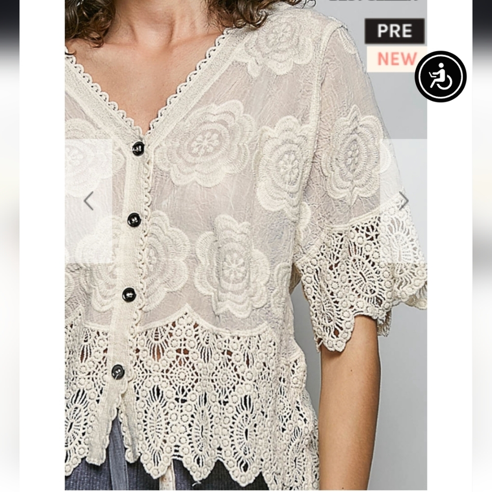 POL Sheer Crochet Floral Button-Front Top - Cream